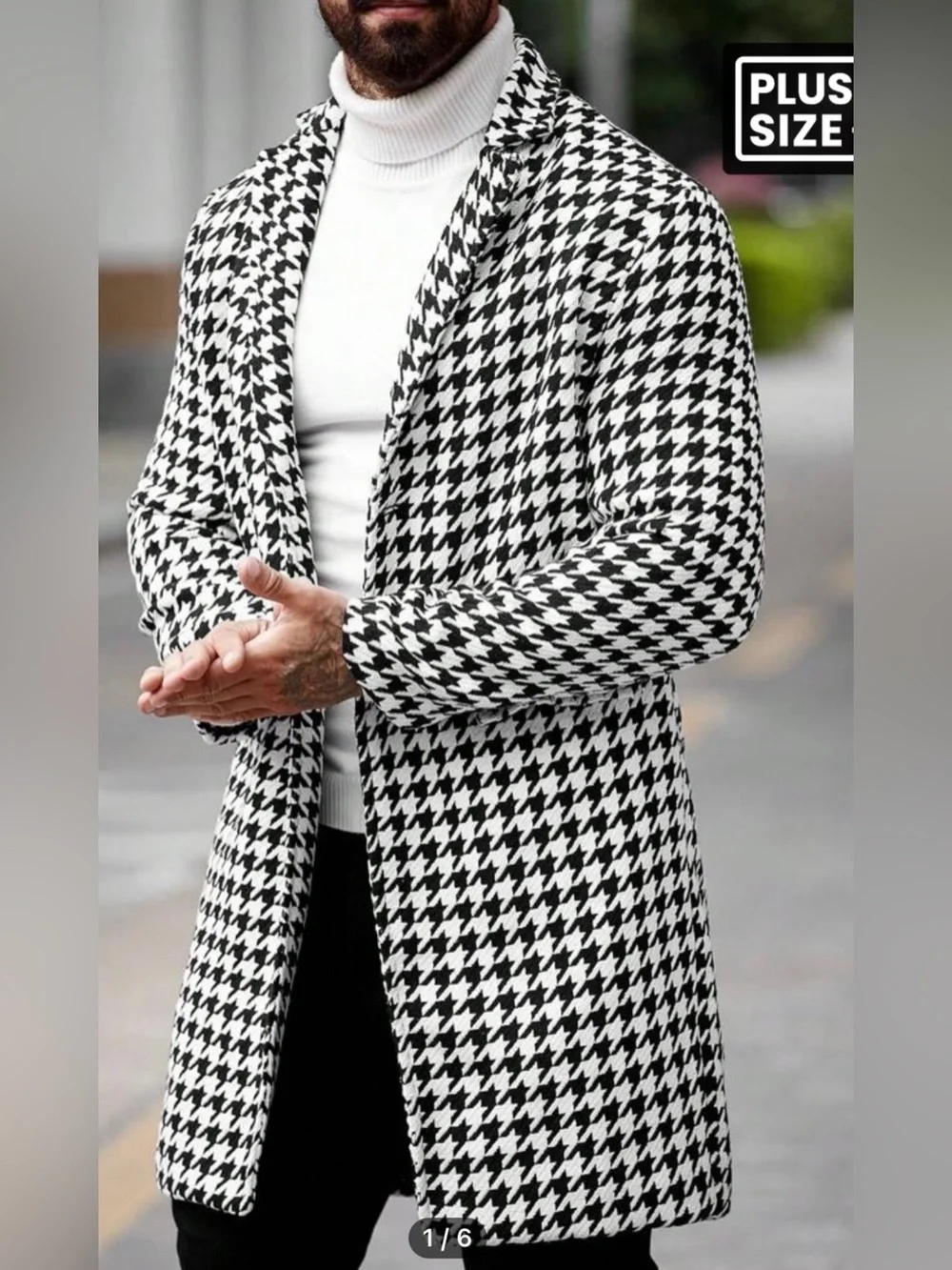 Men's Houndstooth Black & White Pea Coat